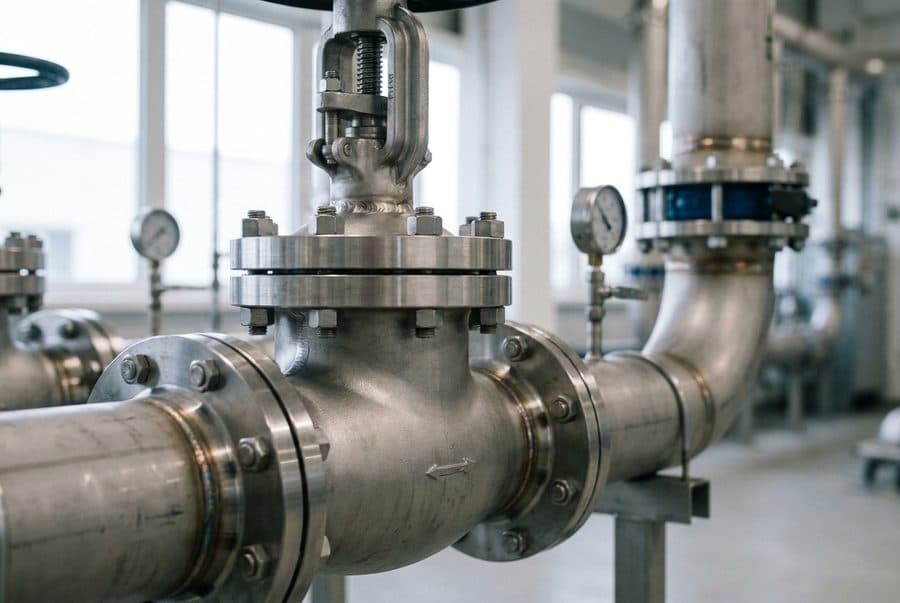 High-grade stainless steel industrial valve on a chemical pipeline